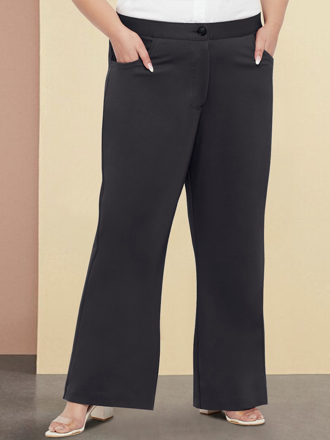 

wild U Women Plus Size Straight Fit Extra Stretch High-Rise Parallel Trousers, Grey