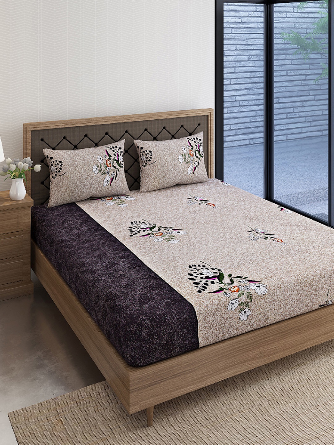 

SWAYAM White Veda Floral Print 160 TC Cotton King Bedsheet Set, Beige