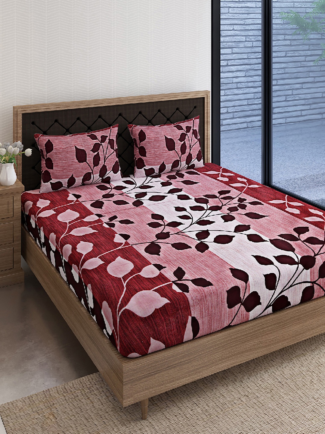 

SWAYAM Brown Veda Floral Print 160 TC Cotton King Bedsheet Set, Red