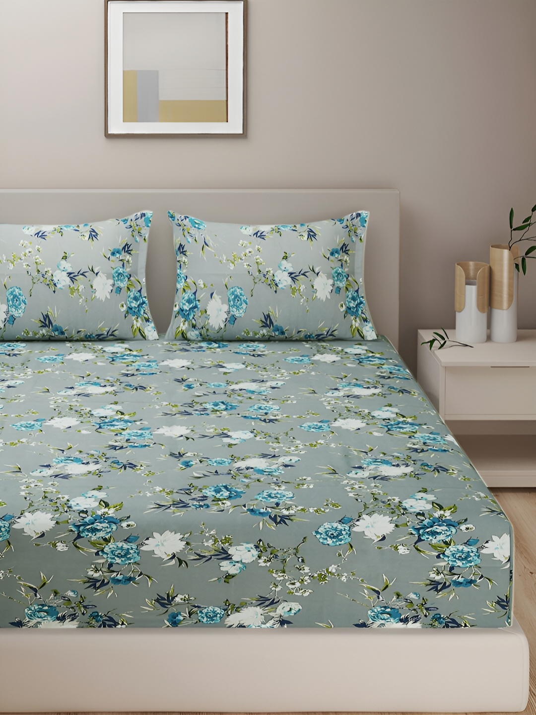 

Aura Veda Blue & Green Floral Cotton 160 TC King Bedsheet with 2 Pillow Covers