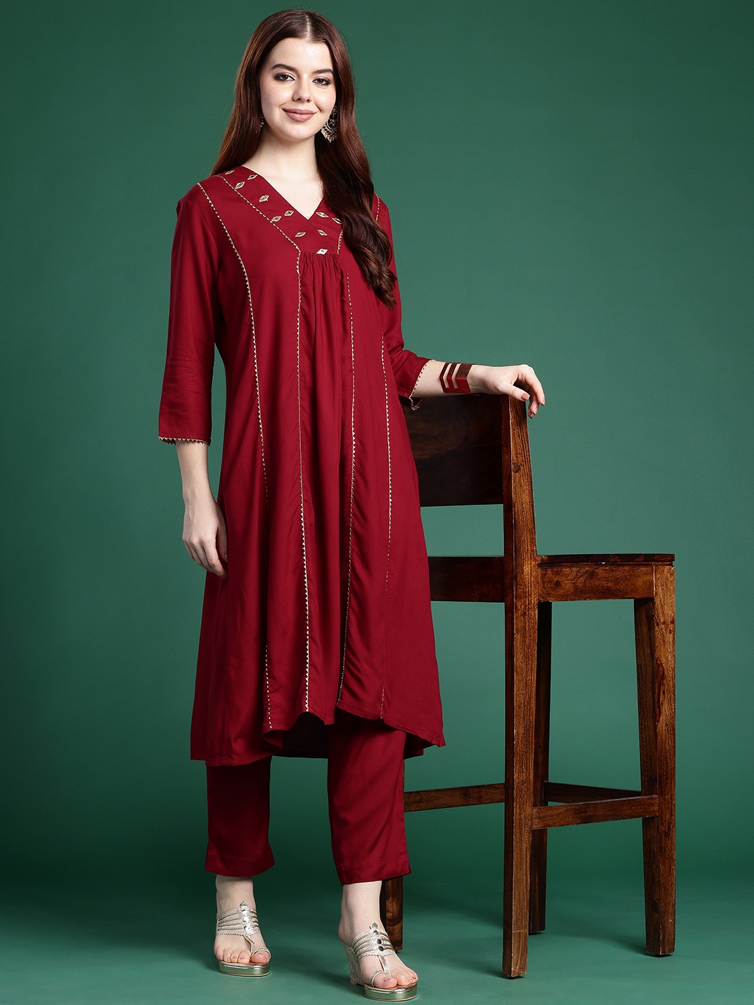 

Sangria Gotta Patti Mirror Work A-Line Kurta with Trousers, Maroon