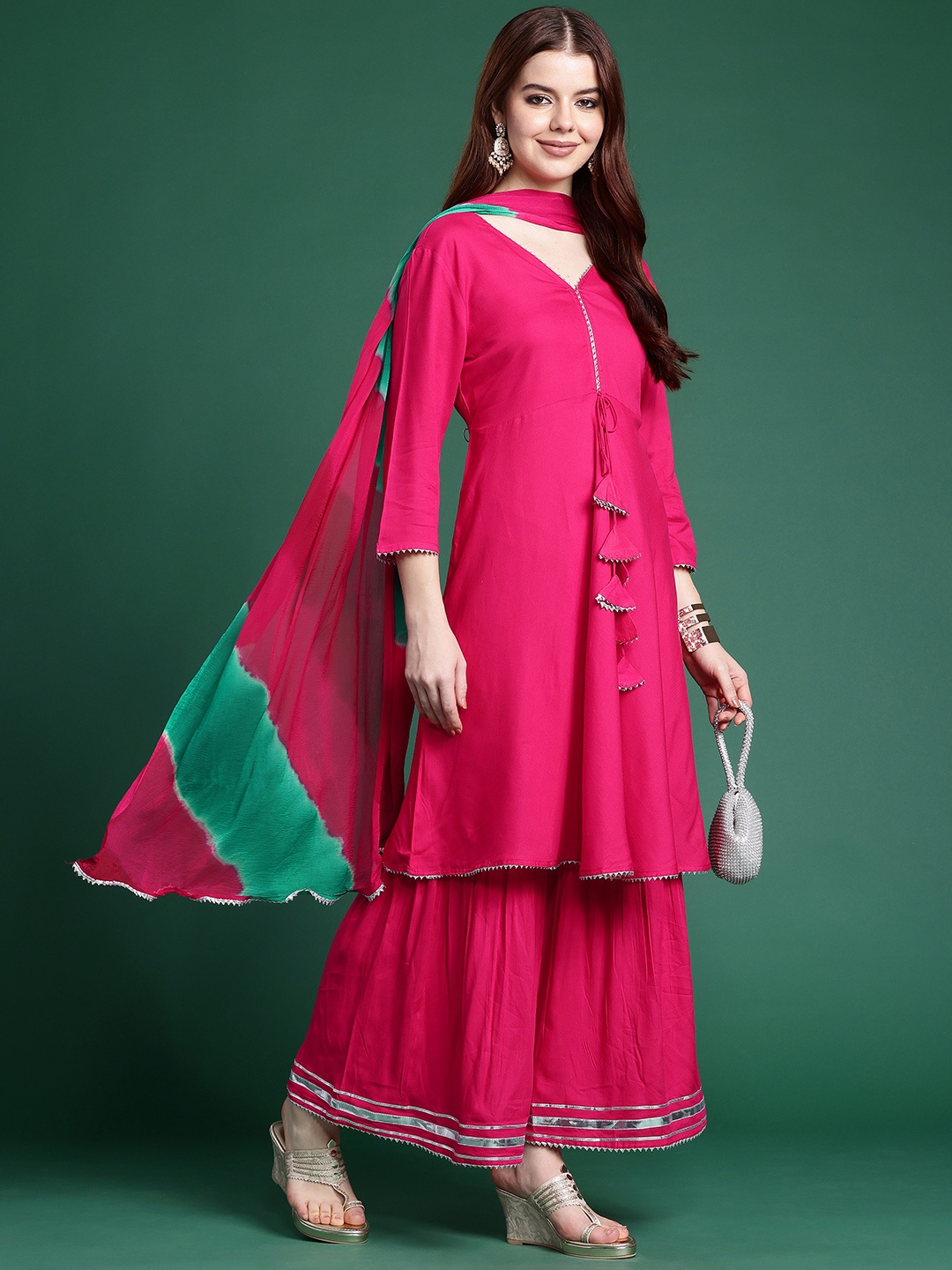 

Sangria V-Neck Gotta Patti Kurta with Sharara & With Dupatta, Pink