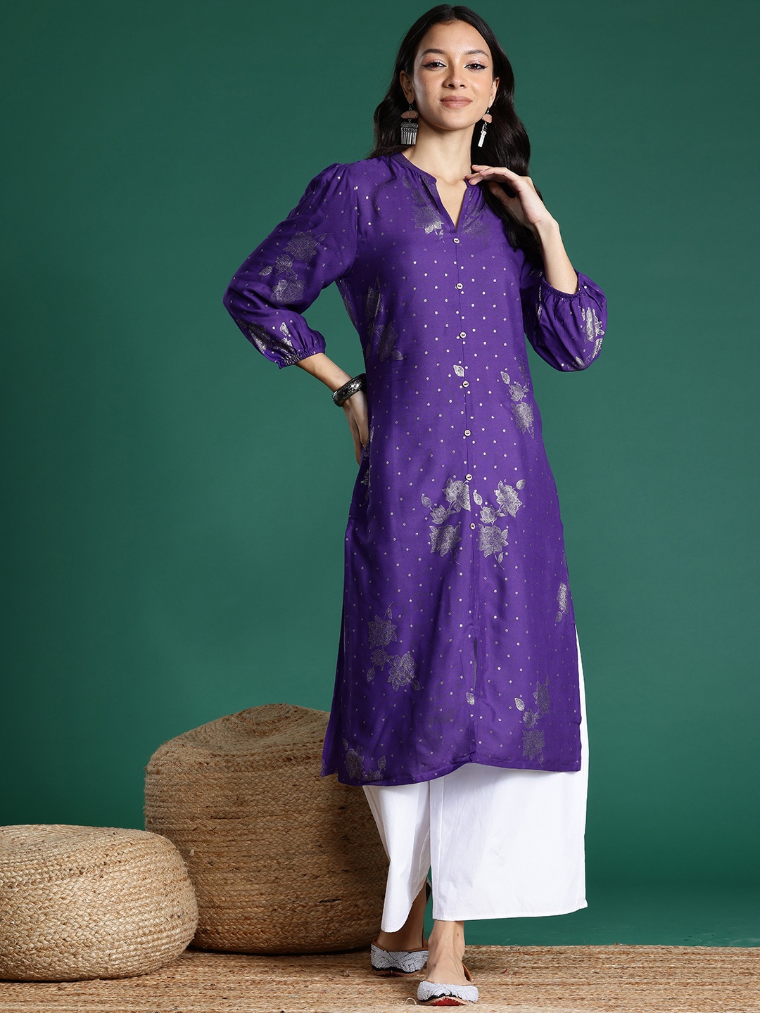 

Sangria Floral Print Straight Kurta, Purple