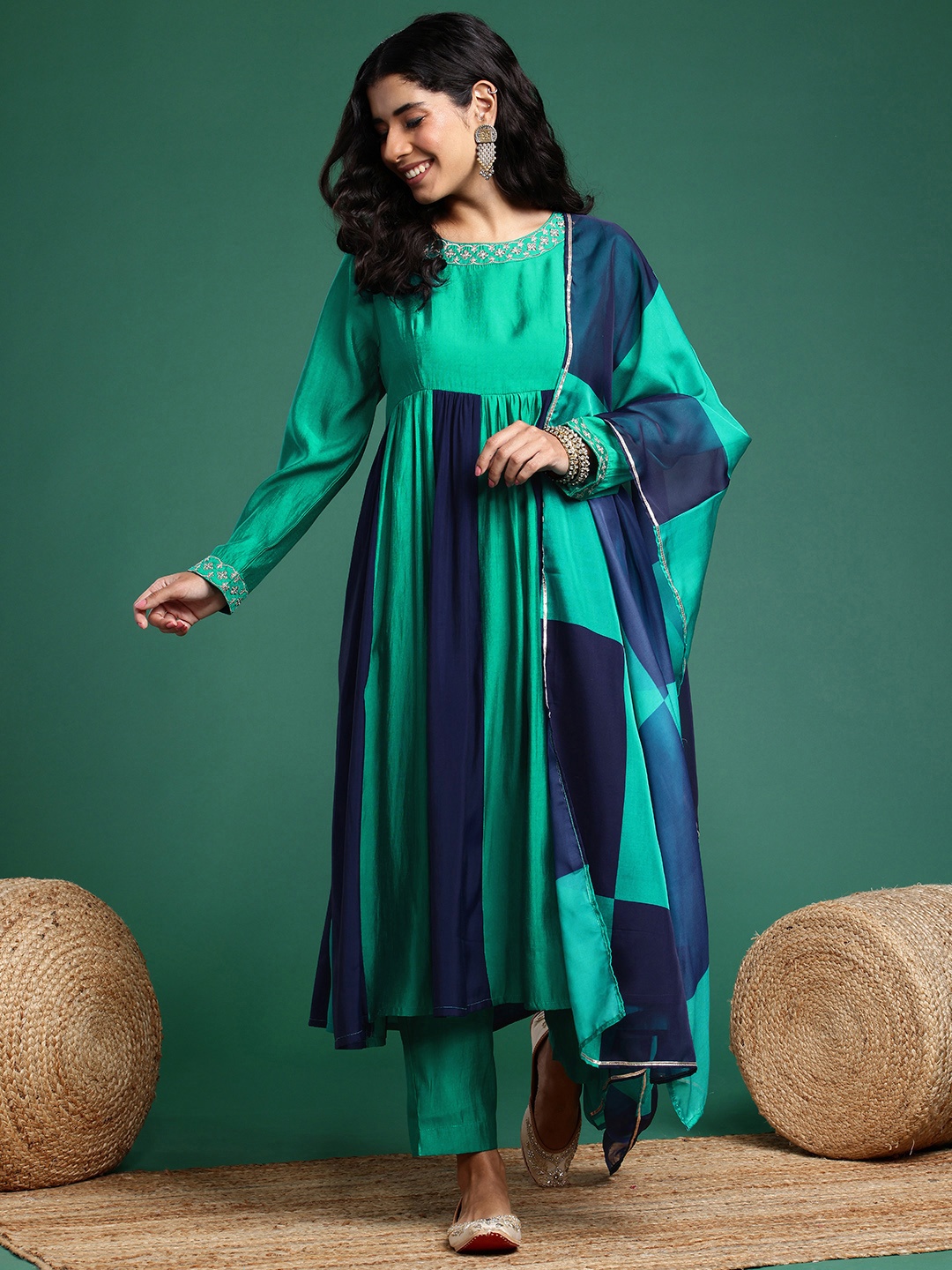 

Sangria Women Colourblocked Anarkali Zari Work Kurta With Trousers & Dupatta, Green