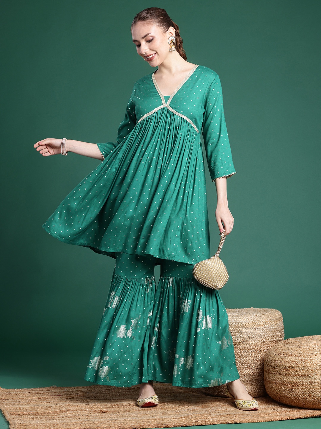 

Sangria Women Polka Dot Print & Sequin Pleated Empire Style Kurta with Sharara, Sea green