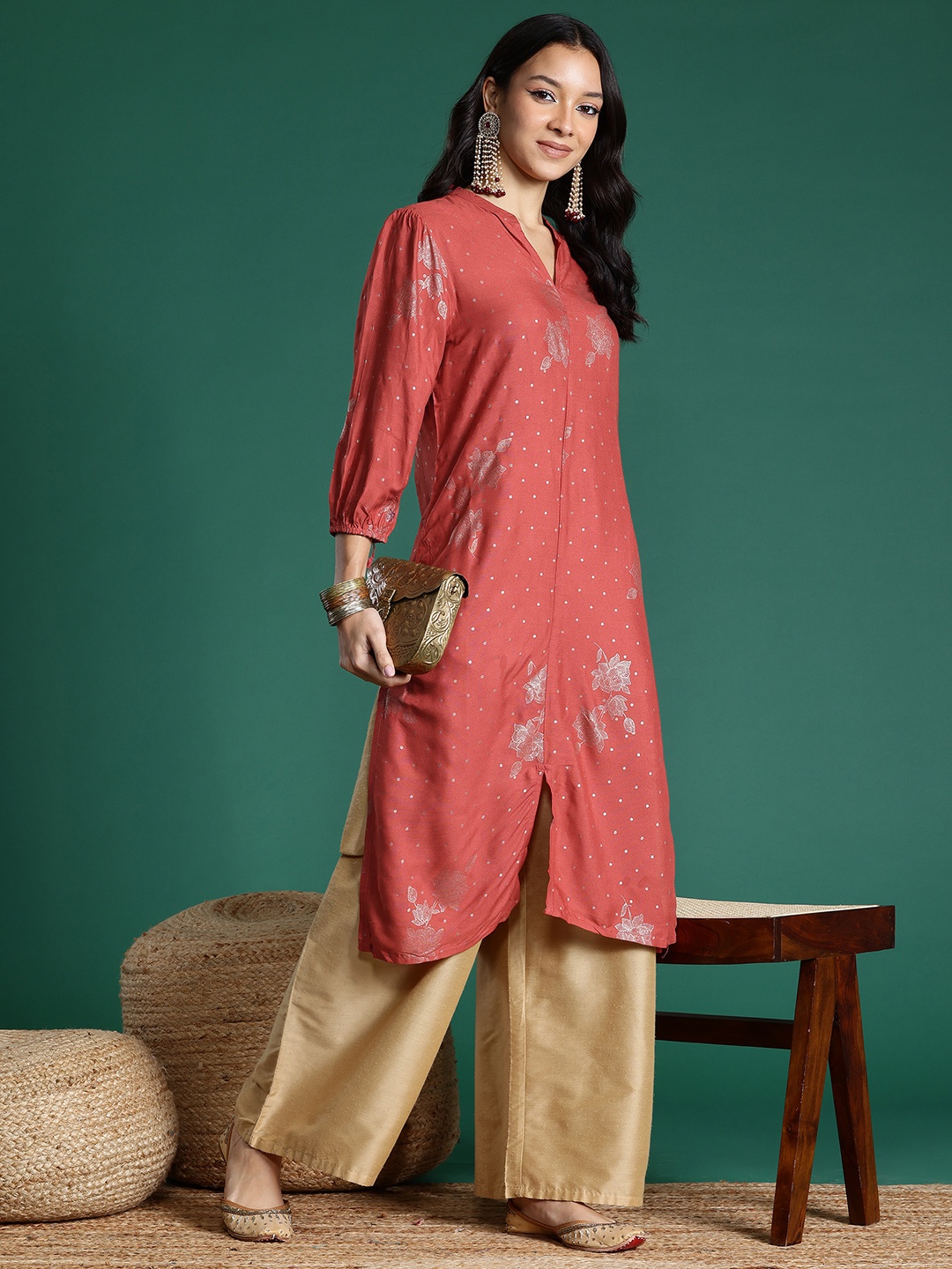 

Sangria Floral Gold Foil Print Straight Kurta, Rust