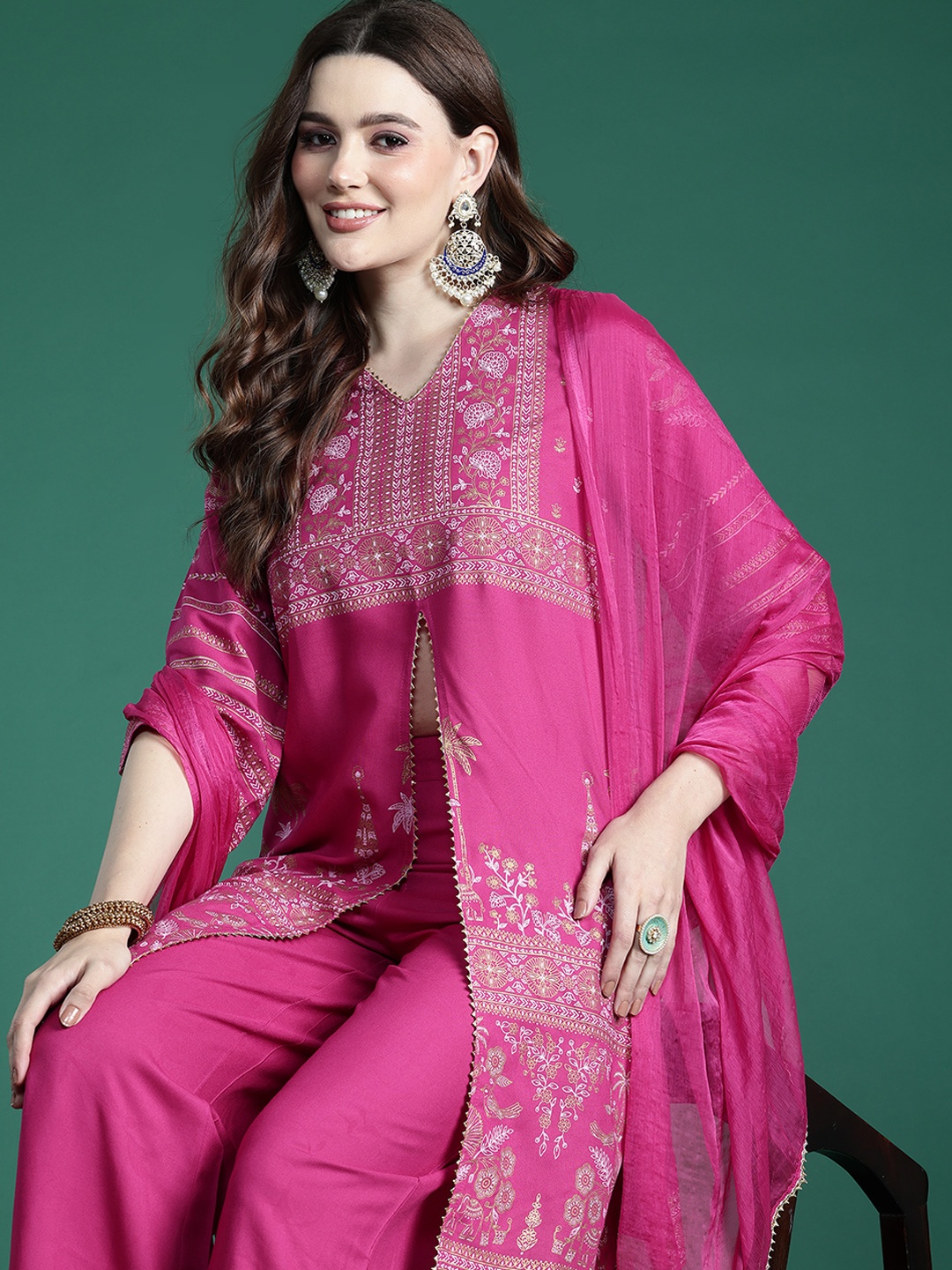 

Sangria Floral Printed Regular V-Neck Gotta Patti A-Line Kurta With Palazzos & Dupatta, Pink