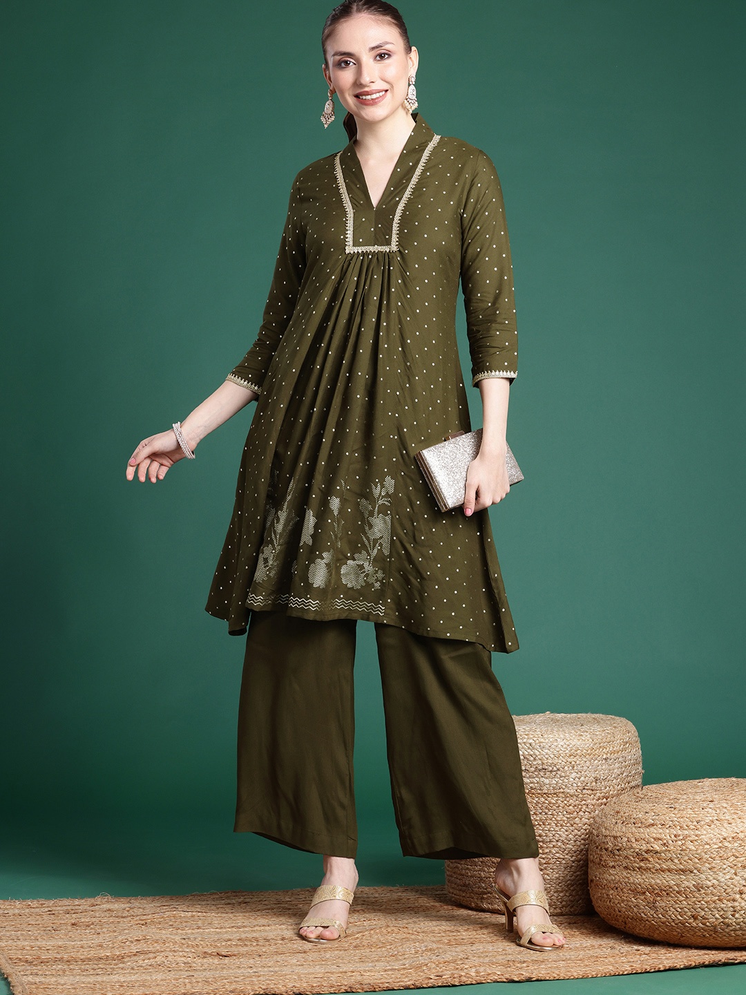 

Sangria Gold Foil Printed V-Neck Sequinned Pleated A-Line Kurta With Palazzos, Olive