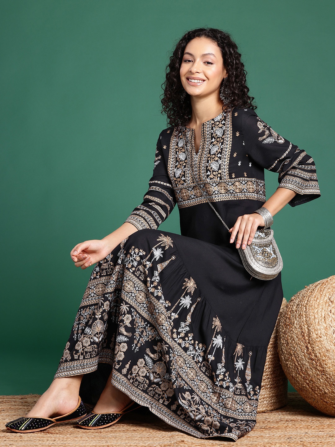 

Sangria Indie Floral Foil Printed Maxi Ethnic Dresses, Black