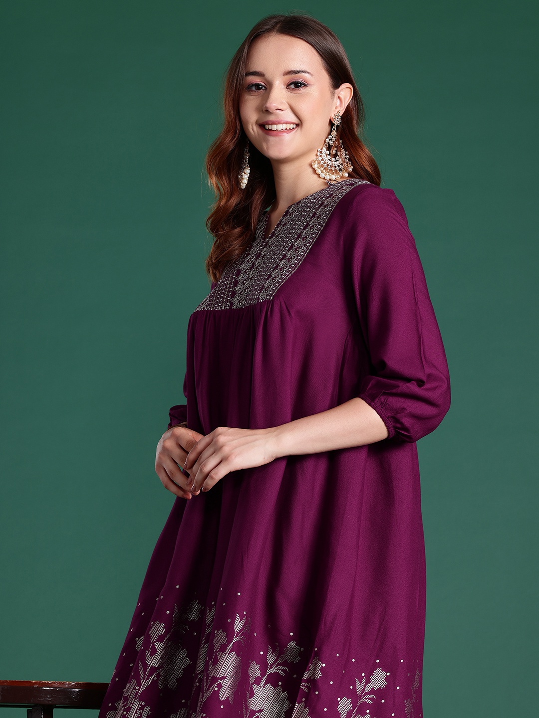 

Sangria Ethnic Motifs Foil Printed Zari Embroidered Pleated Kurta with Trousers, Purple