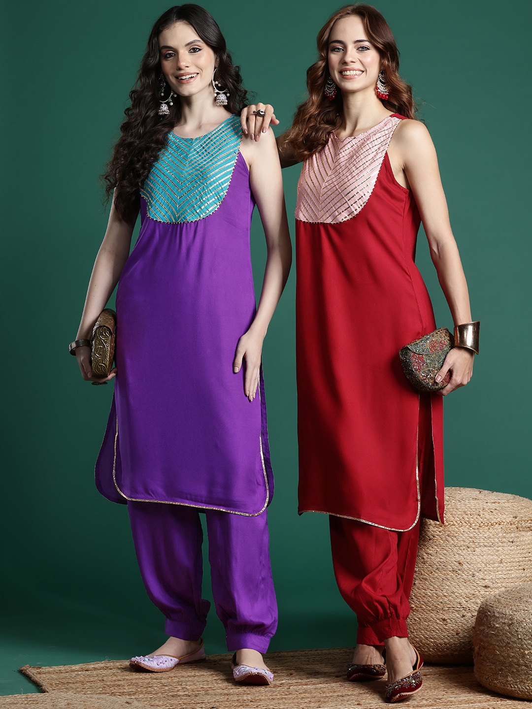 

Sangria Women Yoke Design Gotta Patti Kurta with Salwar, Red