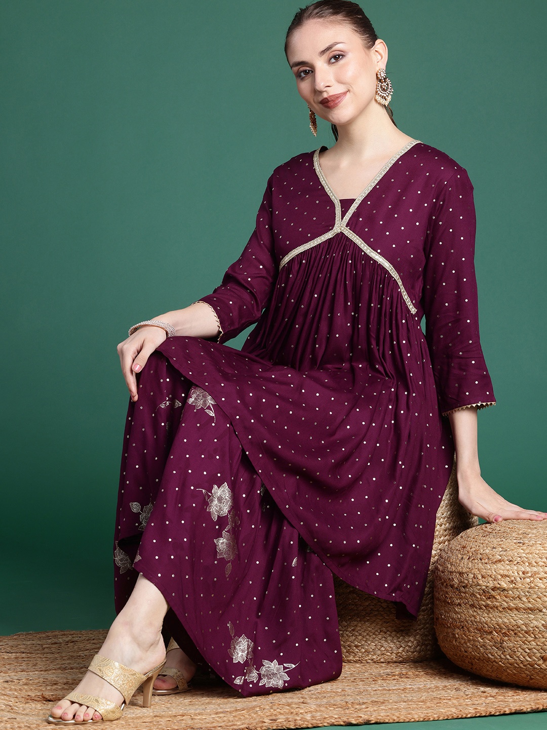 

Sangria Geometric Printed V-Neck Sequinned Empire A-Line Kurta With Sharara, Purple