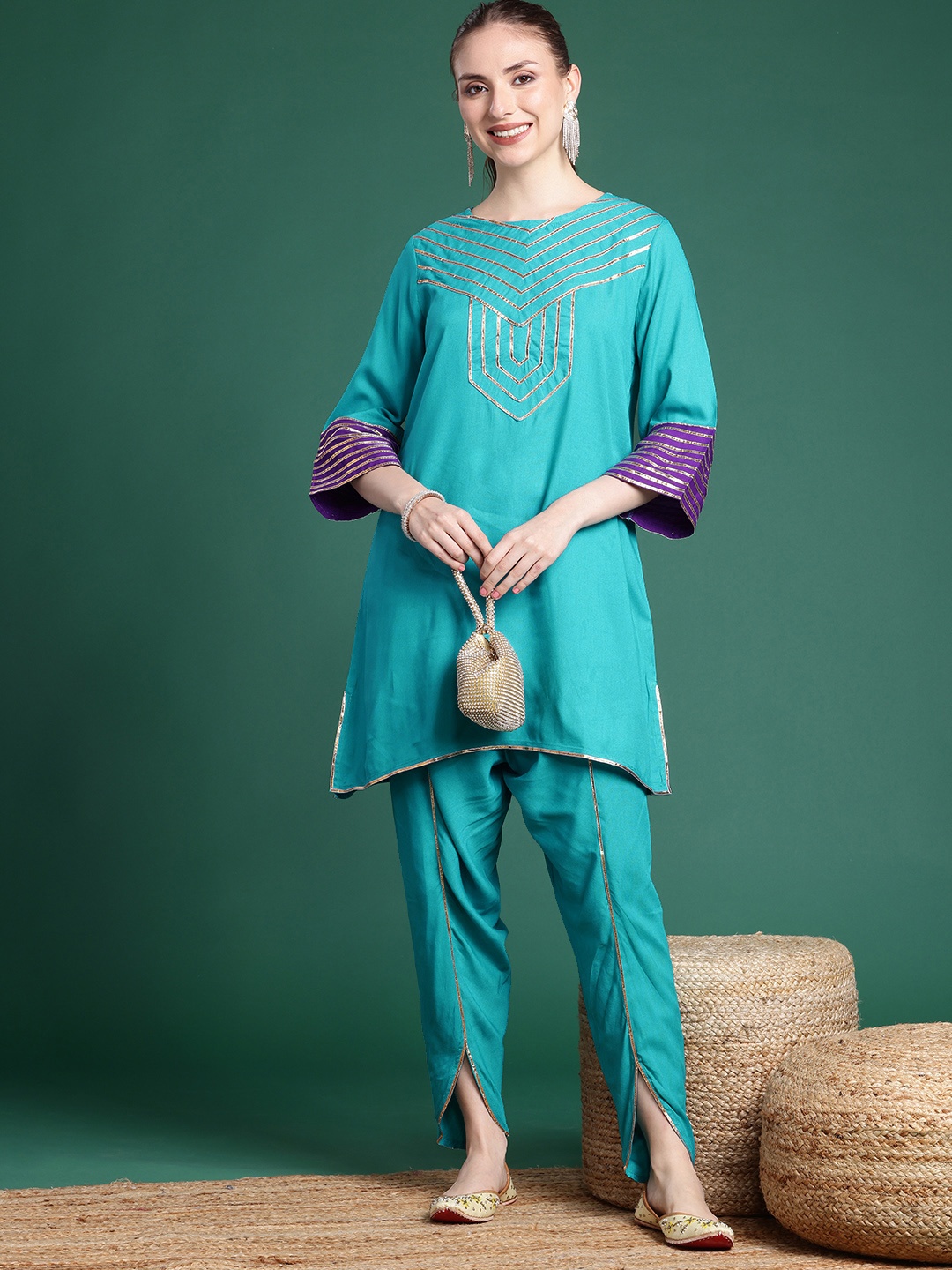 

Sangria Women Yoke Design Gotta Patti Kurti with Dhoti Pants, Turquoise blue