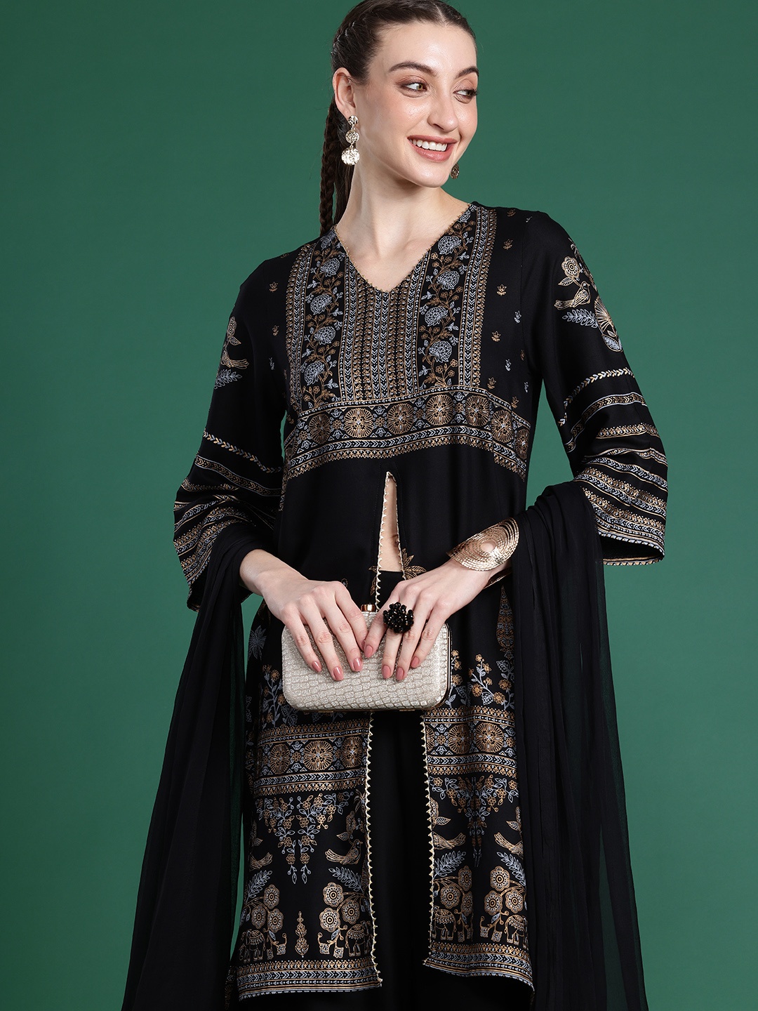 

Sangria Floral Printed Regular V-Neck Gotta Patti A-Line Kurta With Palazzos & Dupatta, Black