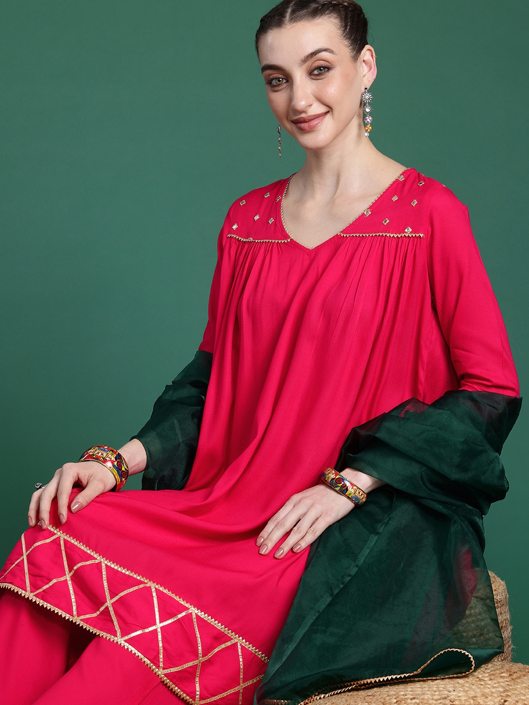 

Sangria V-Neck Mirror Work Detail A-Line Kurta & Palazzos With Dupatta, Pink