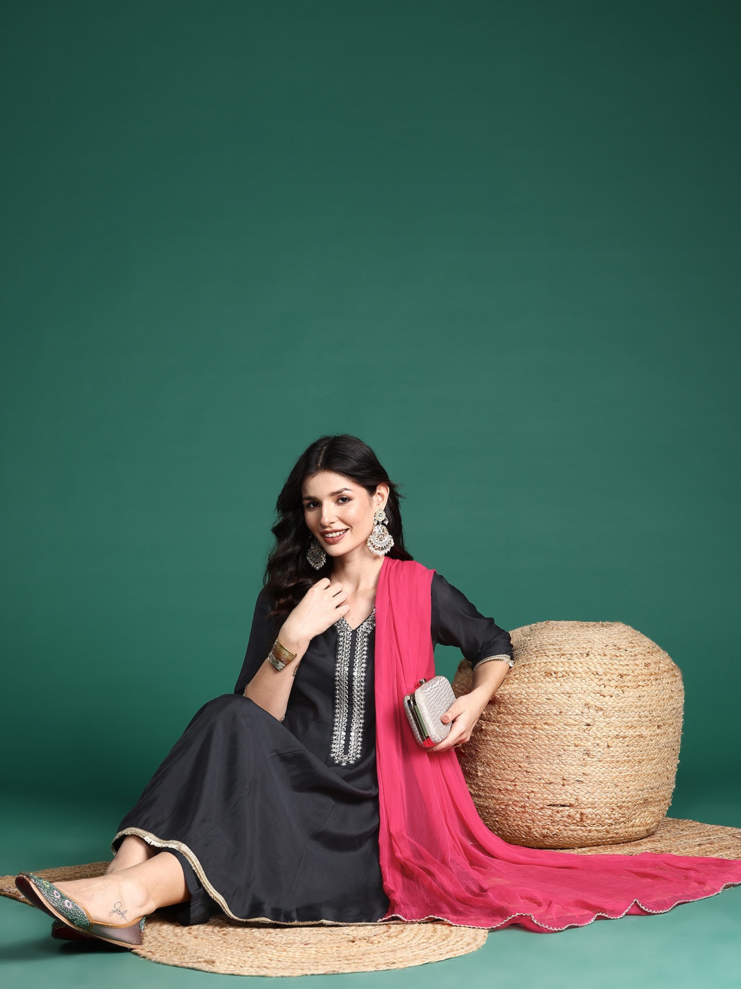 Sangria Women Yoke Design Mirror Work Kurta with Palazzos & Dupatta, Black