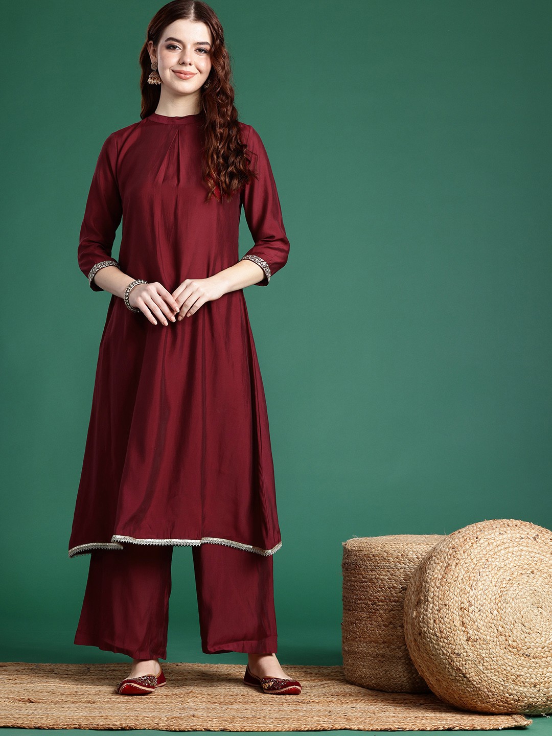 

Sangria High Neck Pleated A-Line Kurta with Palazzos, Maroon