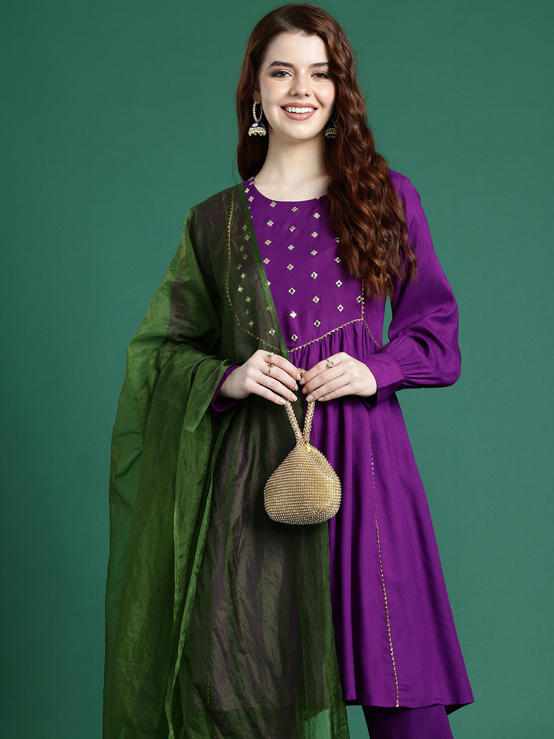 

Sangria Mirror Work Embroidered Regular Gotta Patti A-Line Kurta With Trousers & Dupatta, Purple