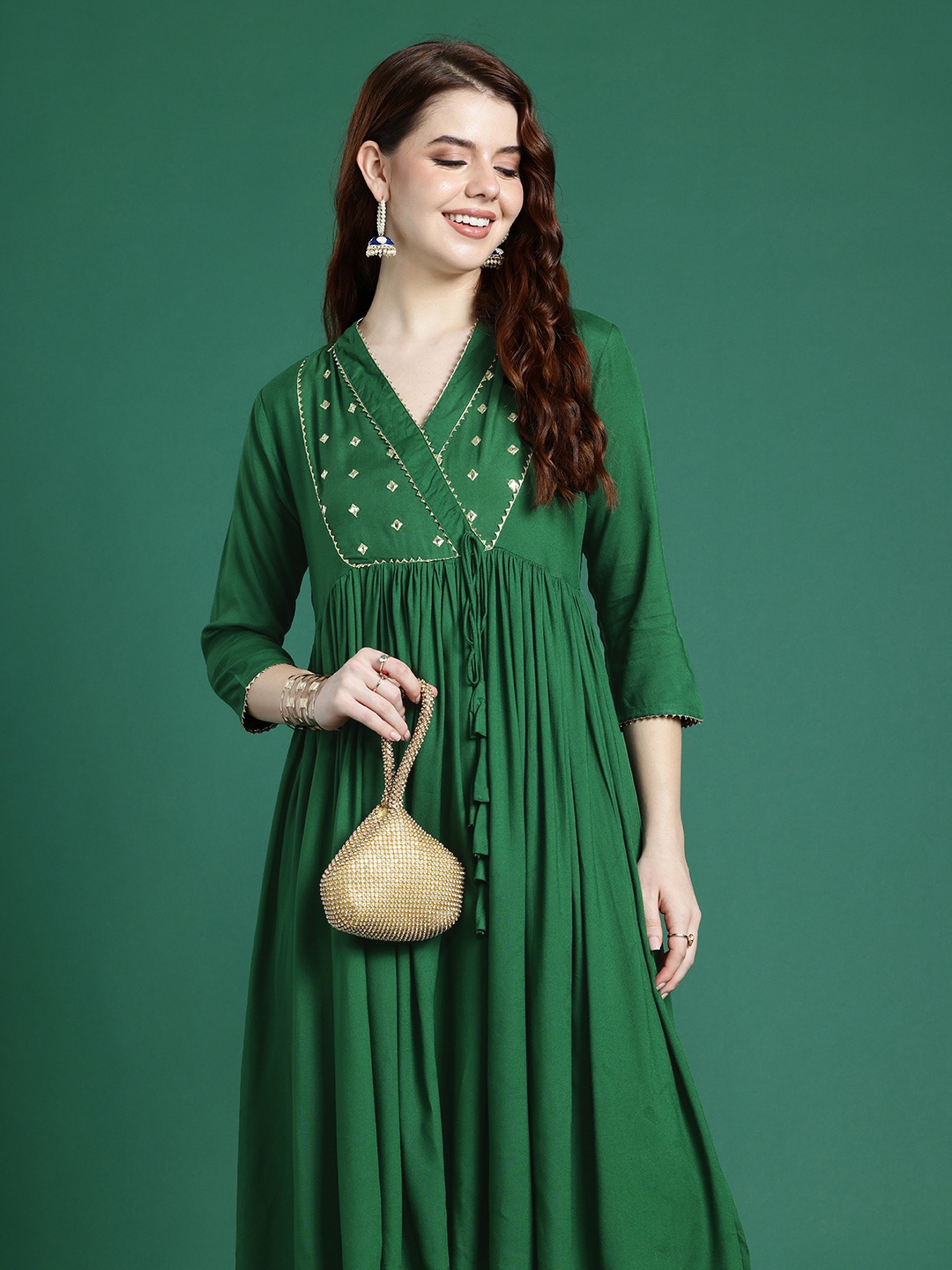 

Sangria Mirror Work Embroidered Regular Gotta Patti Anarkali Kurta with Trousers, Green