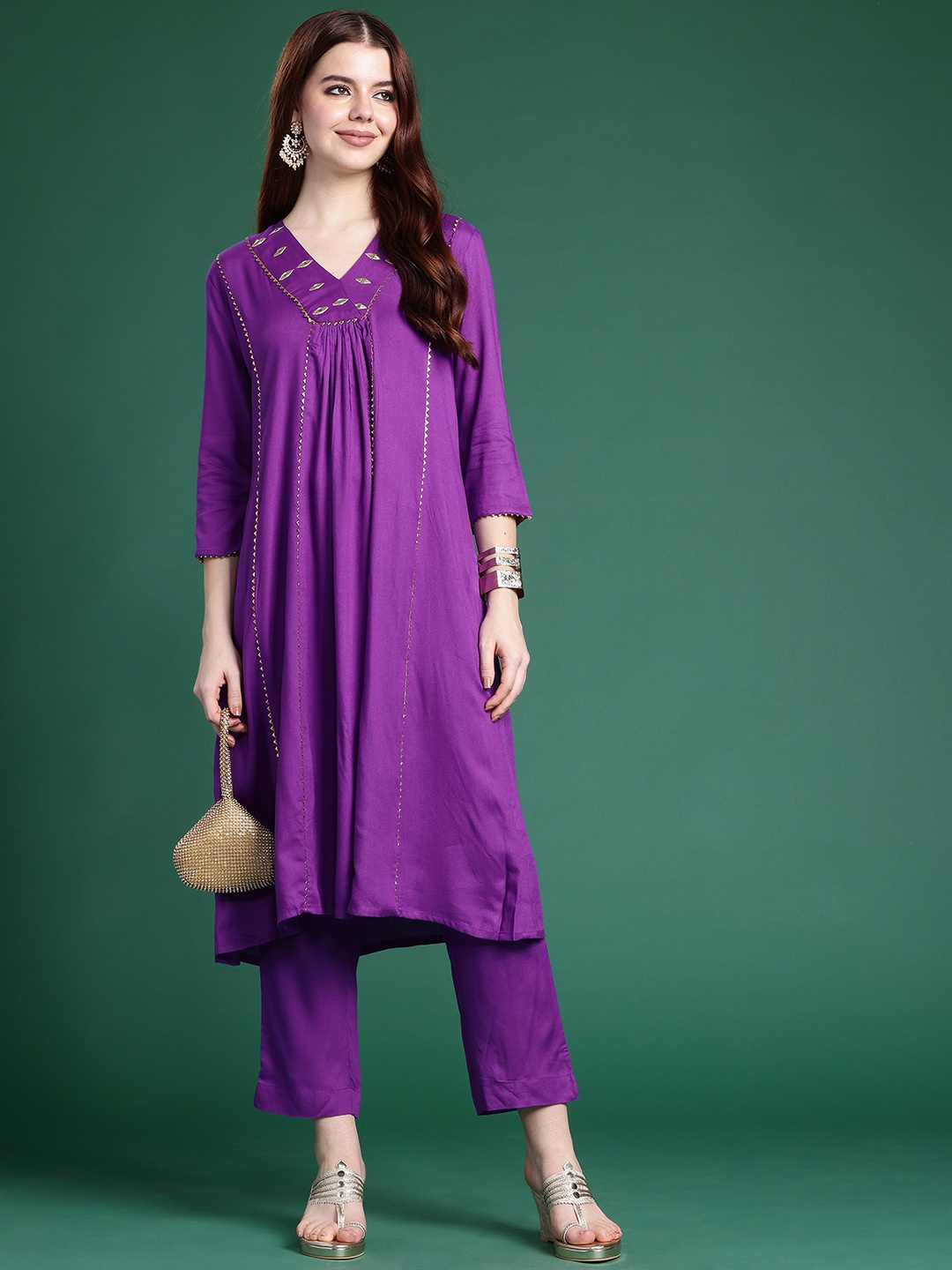 

Sangria Gotta Patti Mirror Work A-Line Kurta with Trousers, Purple