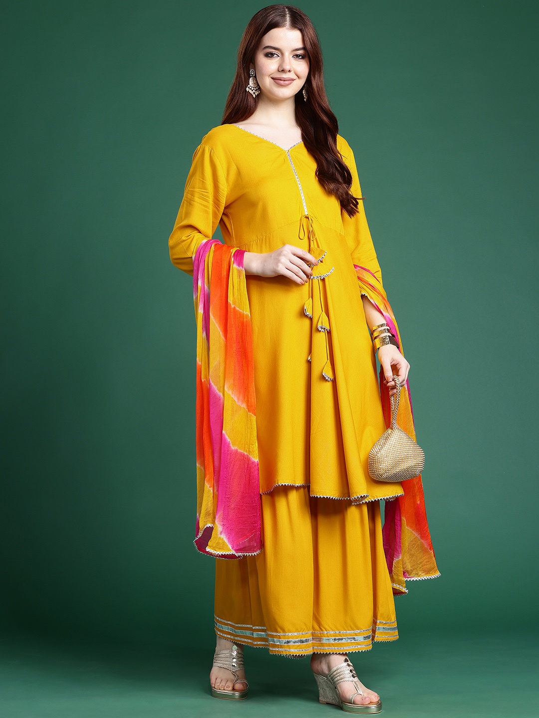

Sangria V-Neck Gotta Patti Kurta with Sharara & With Dupatta, Yellow