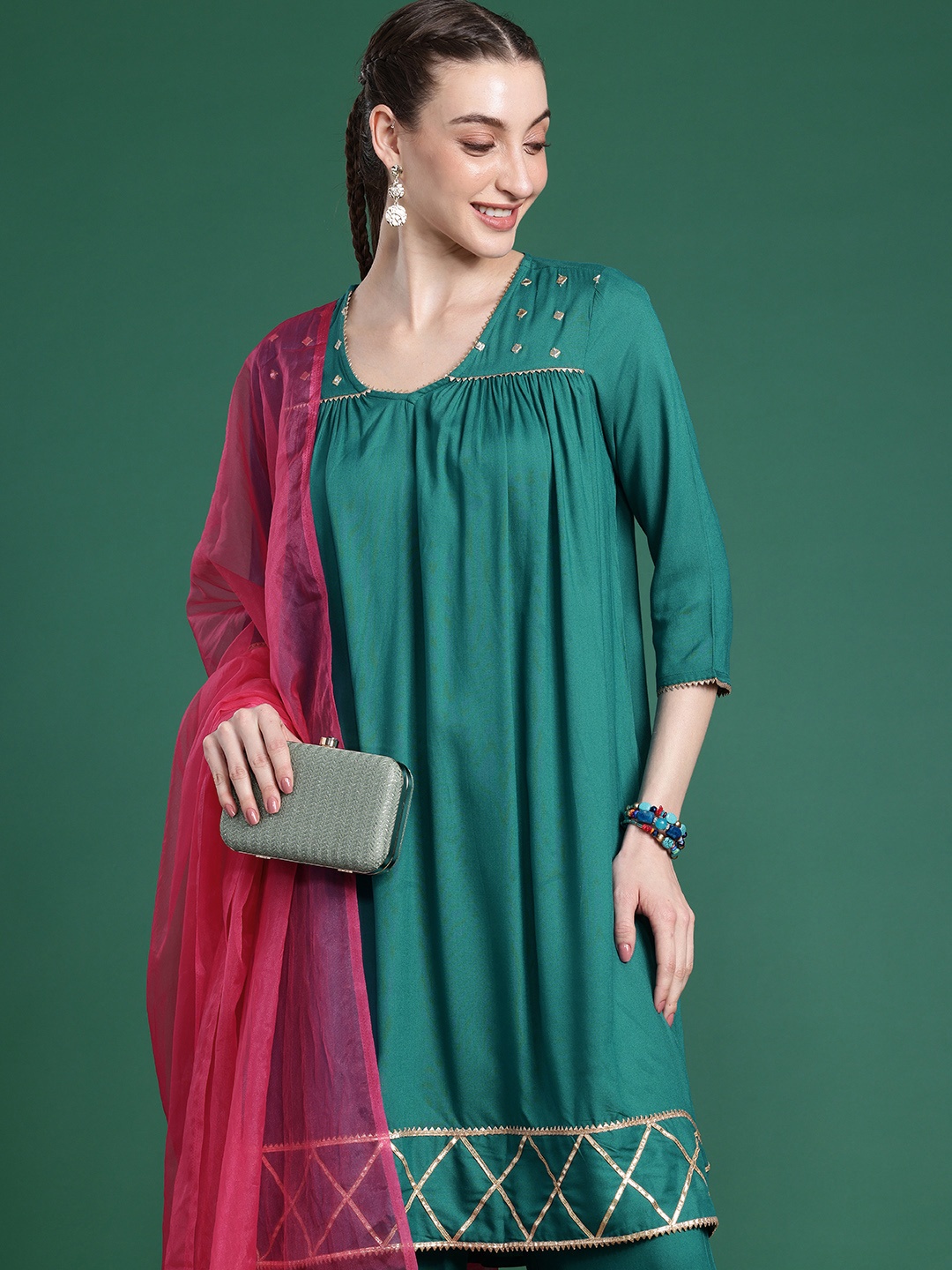 

Sangria Regular Gotta Patti A-Line Kurta With Palazzos & Dupatta, Green