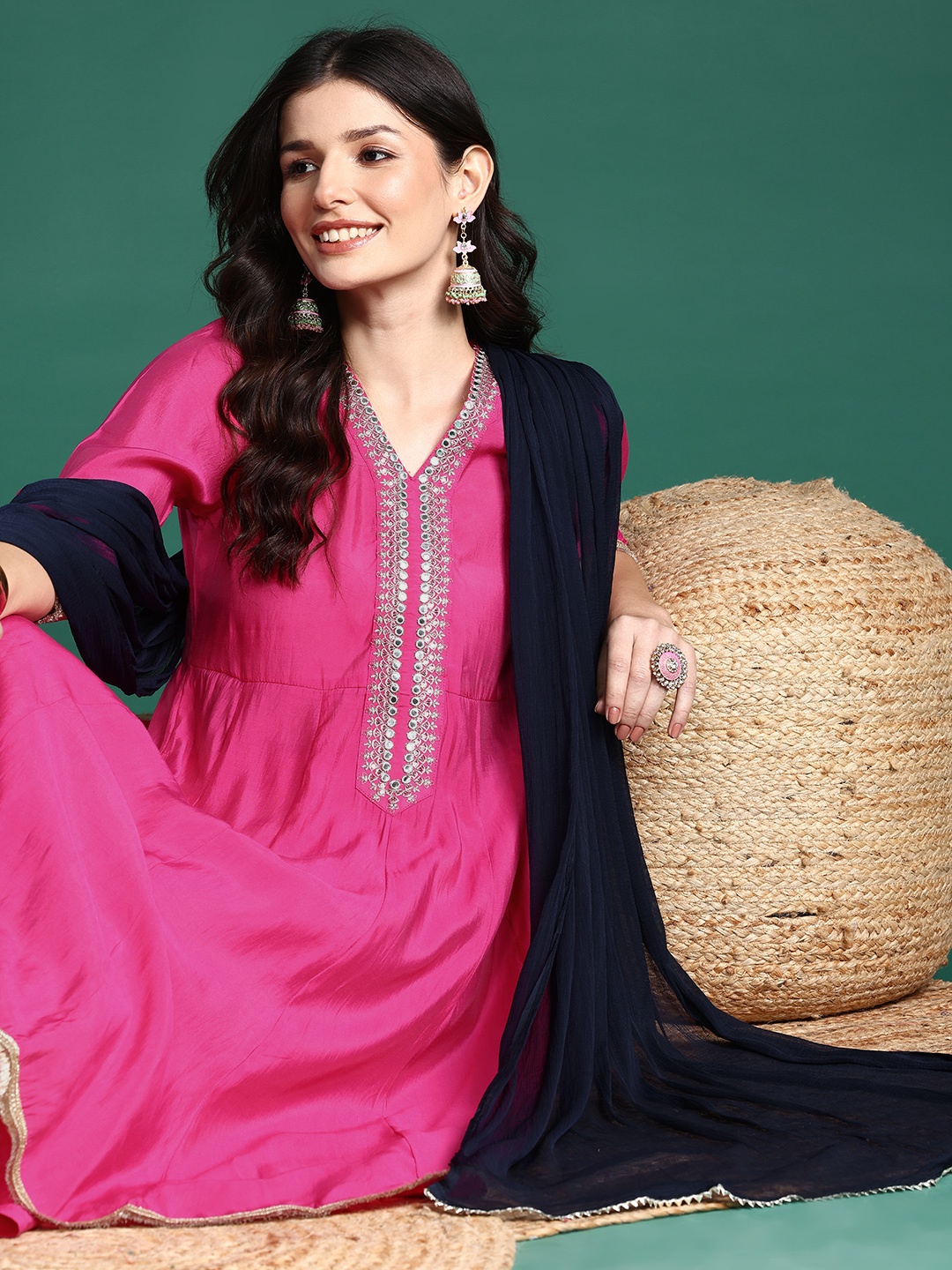 

Sangria Women Yoke Design Mirror Work Kurta with Palazzos & Dupatta, Pink