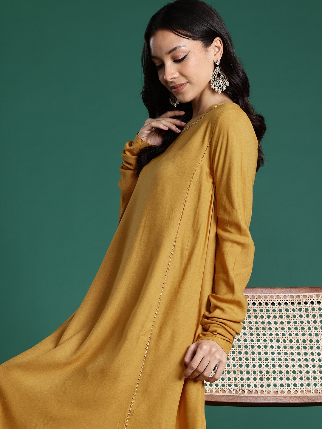 

Sangria Panelled Mirror Work A-Line Kurta with Trousers, Mustard