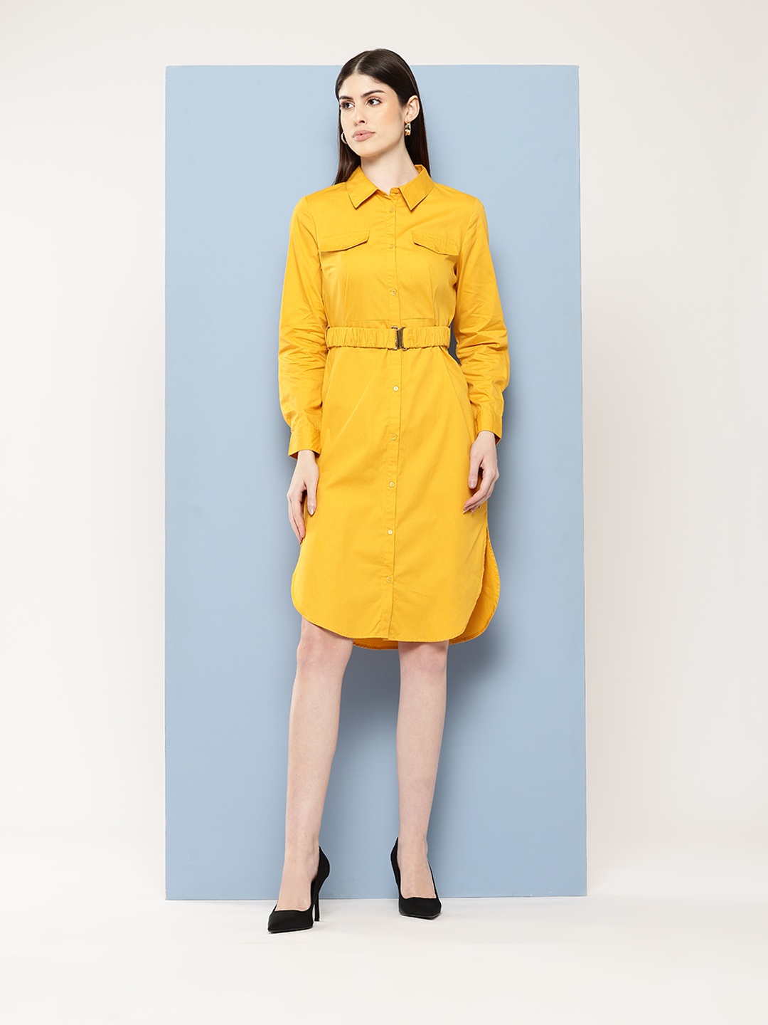 

Chemistry Pure Cotton Shirt Dress with Belt, Mustard