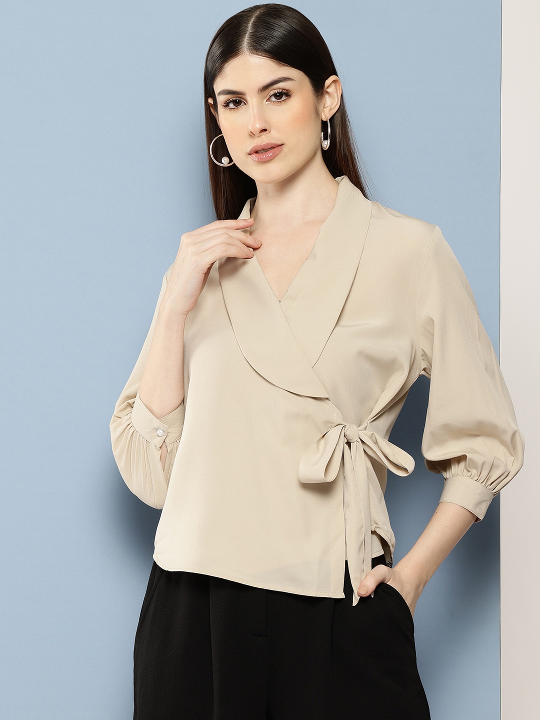 

Chemistry Shawl Neckline Tie-Up Wrap Top, Beige