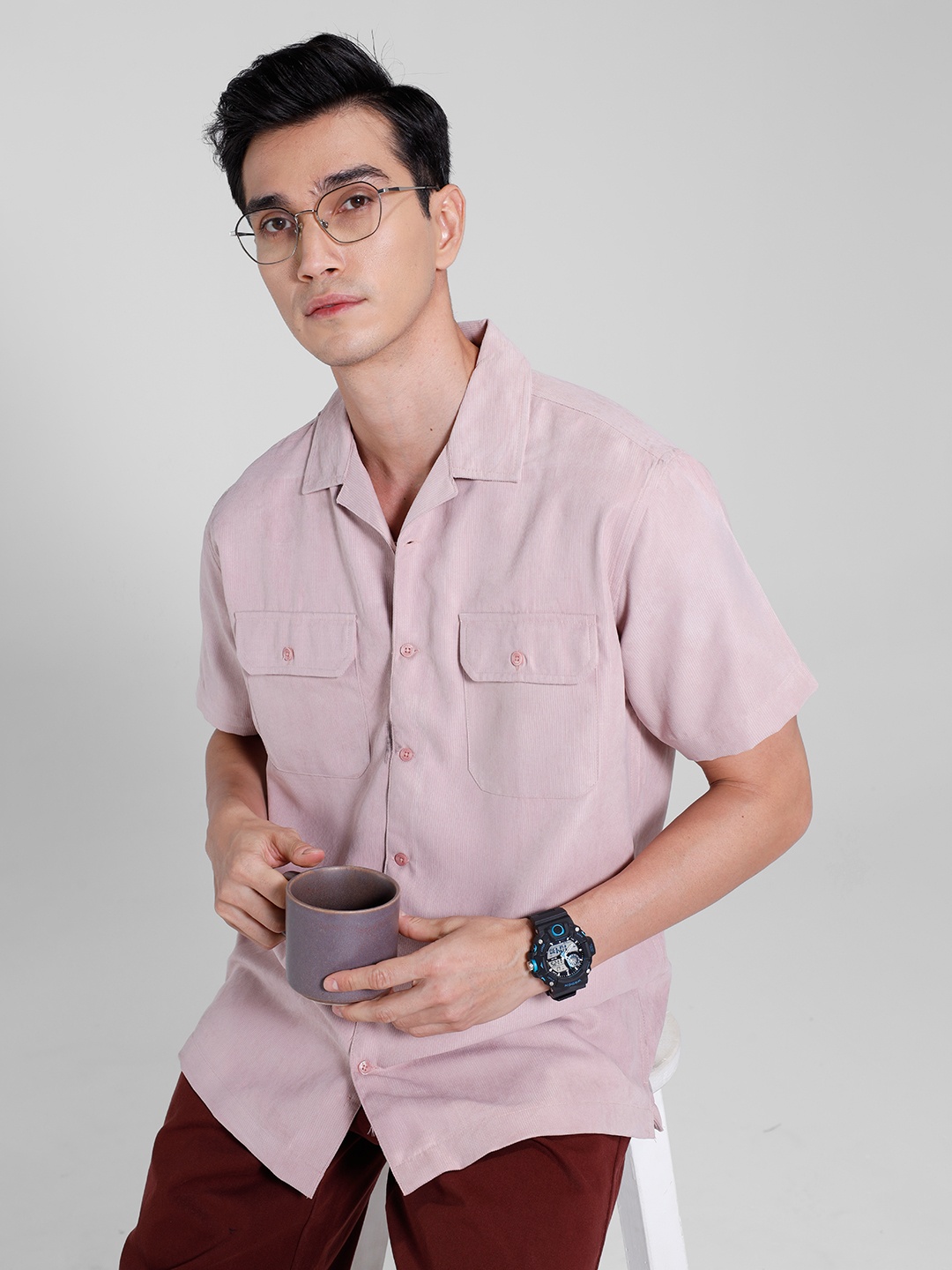 

INVICTUS Chest Pockets Opaque Casual Shirt, Rose