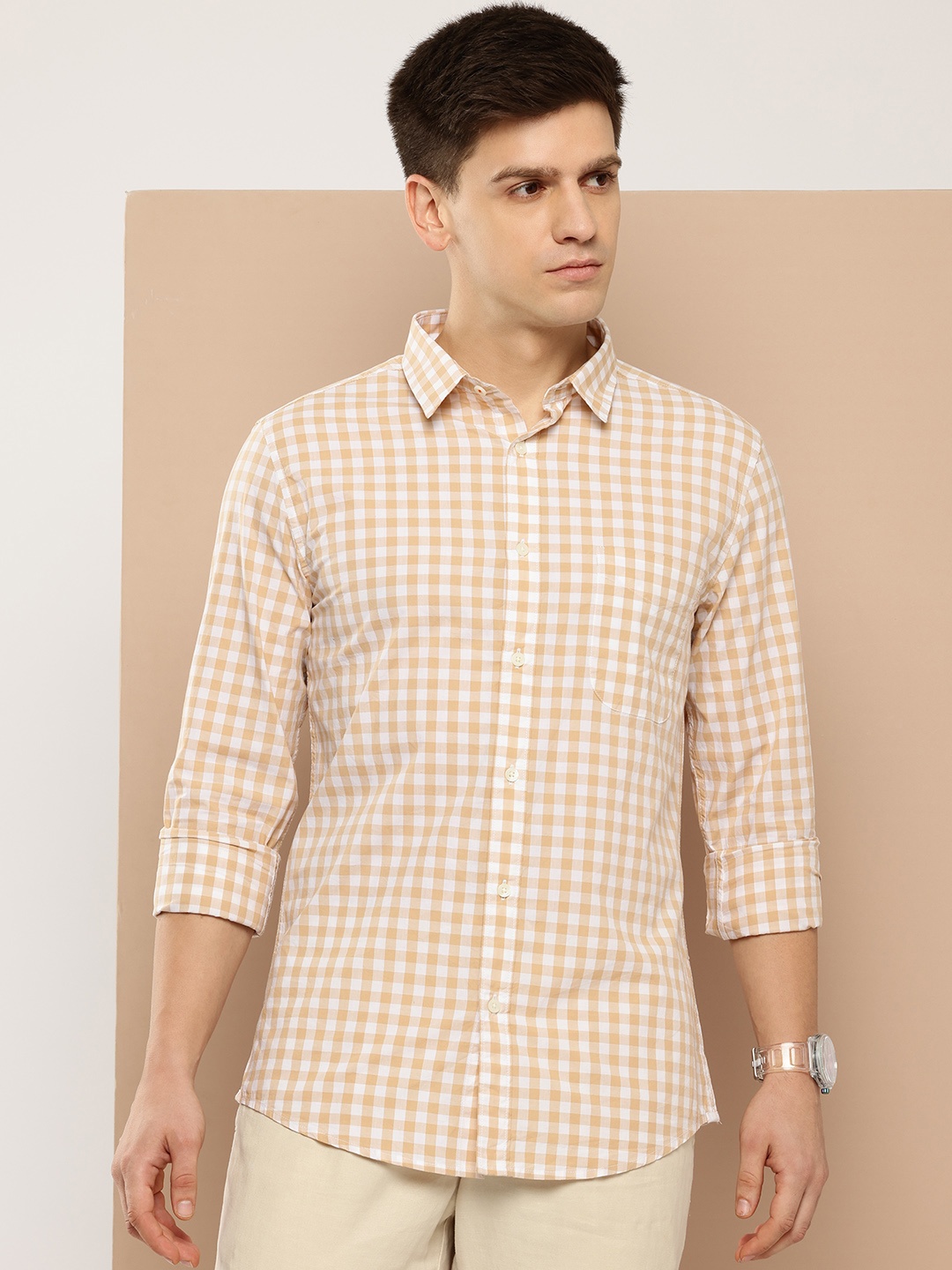 

INVICTUS Men Slim Fit Pure Cotton Checked Casual Shirt, Beige