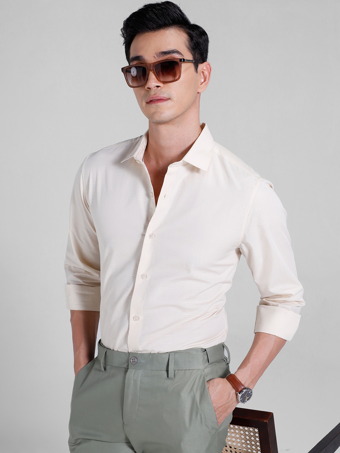 

INVICTUS Pure Cotton Self Horizontal Stripes Formal Shirt, Cream