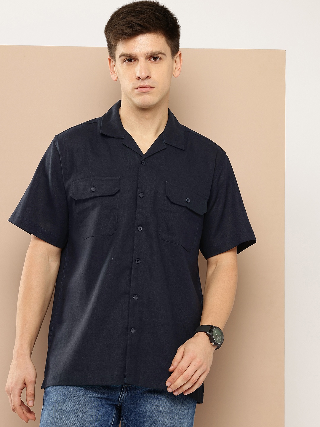 

INVICTUS Cuban Collar Casual Shirt, Navy blue