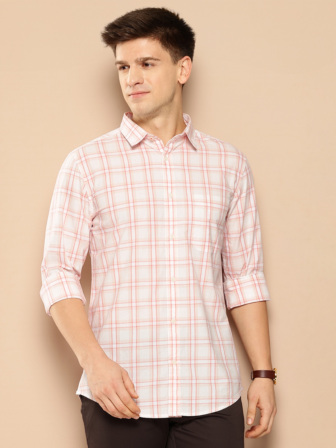 

INVICTUS Pure Cotton Checked Slim Fit Shirt, Peach