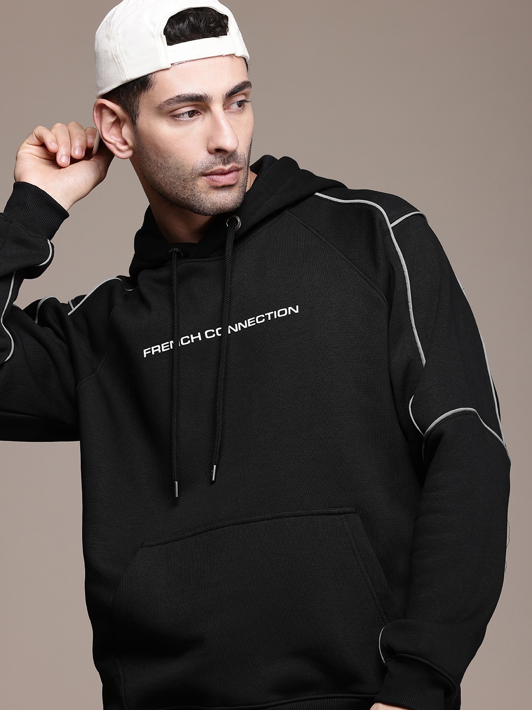 

French Connection Brand Logo Printed Relaxed Fit Hooded Pullover Sweatshirt, Black