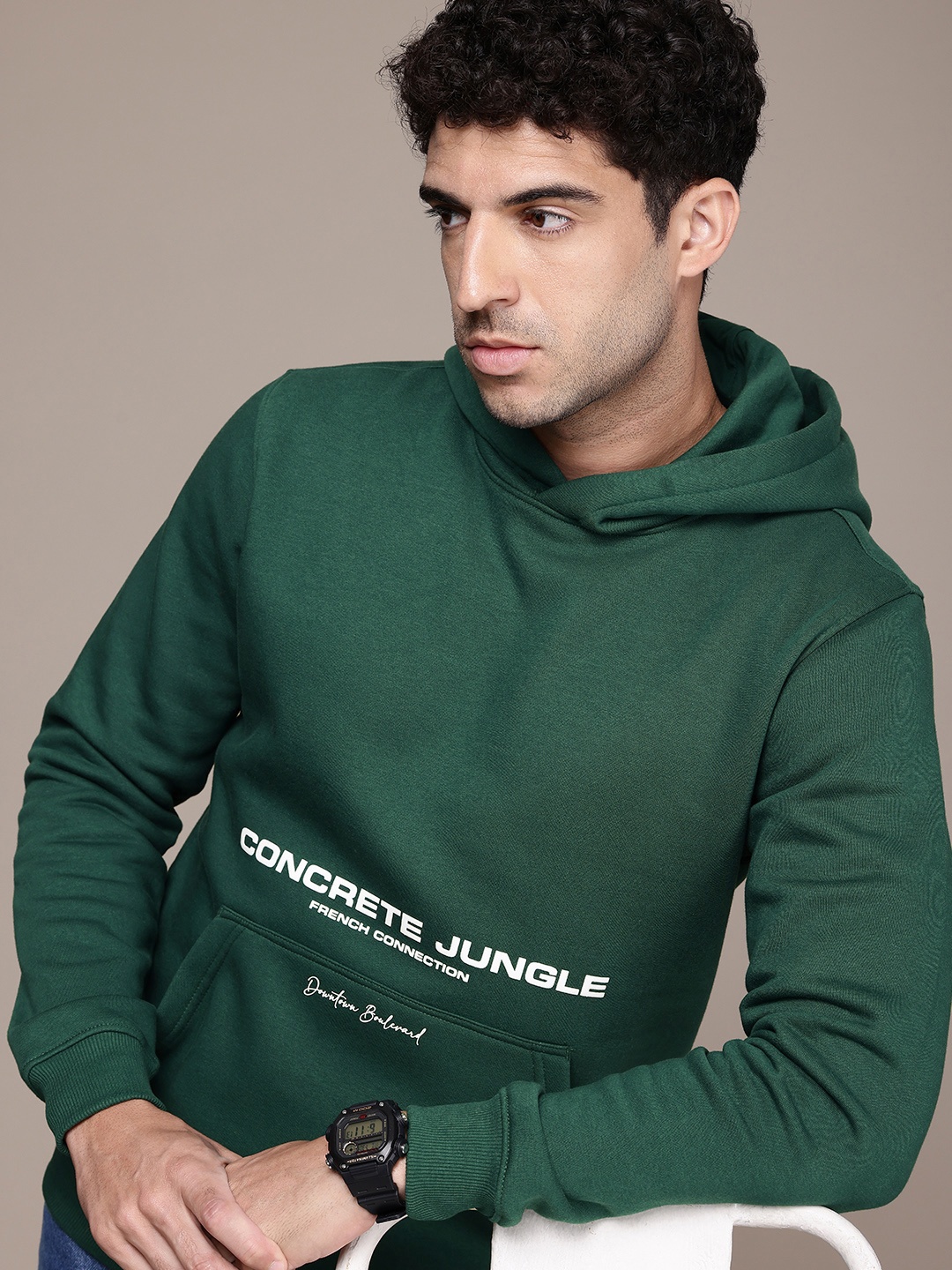 

French Connection Printed Hooded Sweatshirt, Green