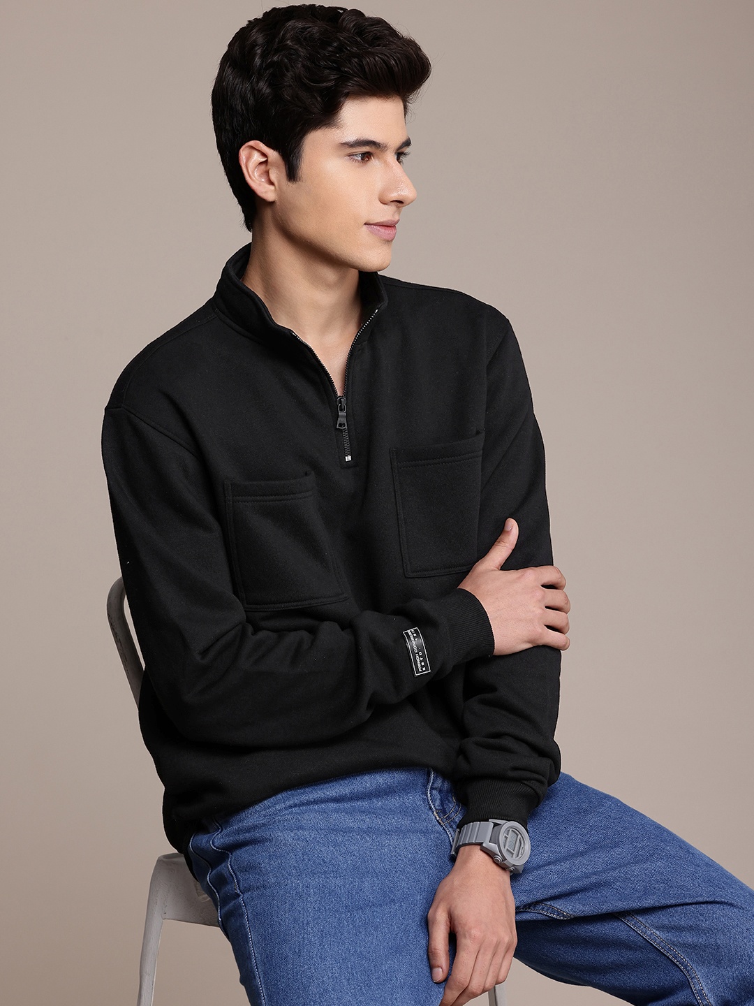 

French Connection Mock Collar Long Sleeves Sweatshirt, Black