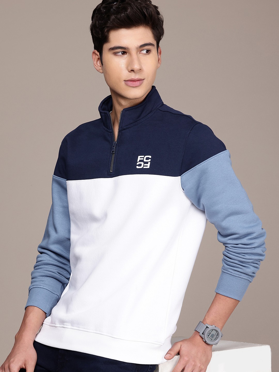

French Connection Colourblocked Mock Collar Sweatshirt, White