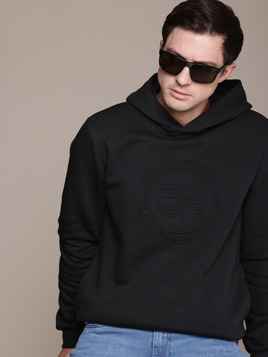 

French Connection Brand Logo Embossed Hooded Sweatshirt, Black