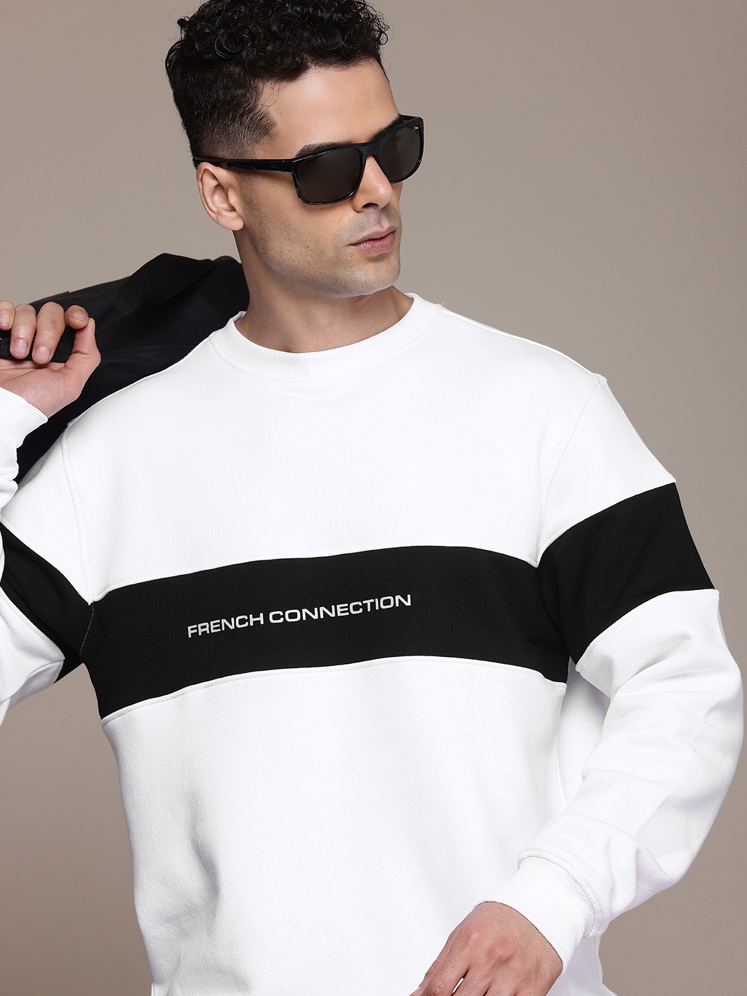 

French Connection Brand Logo Printed Colourblocked Sweatshirt, White