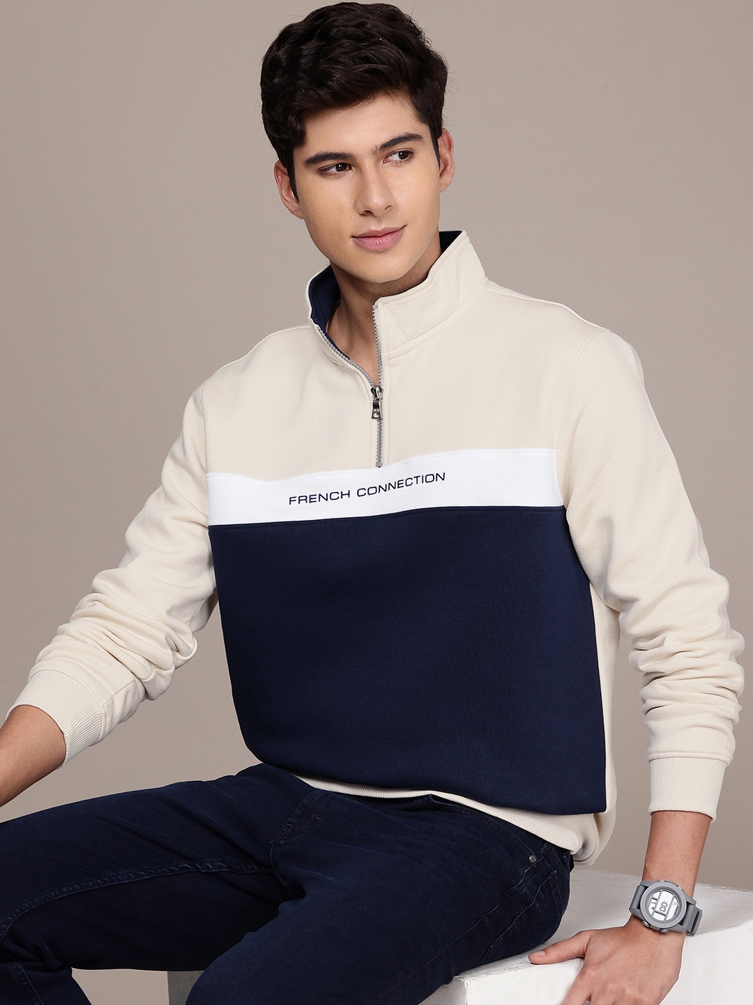 

French Connection Colourblocked Mock Collar Sweatshirt, Navy blue