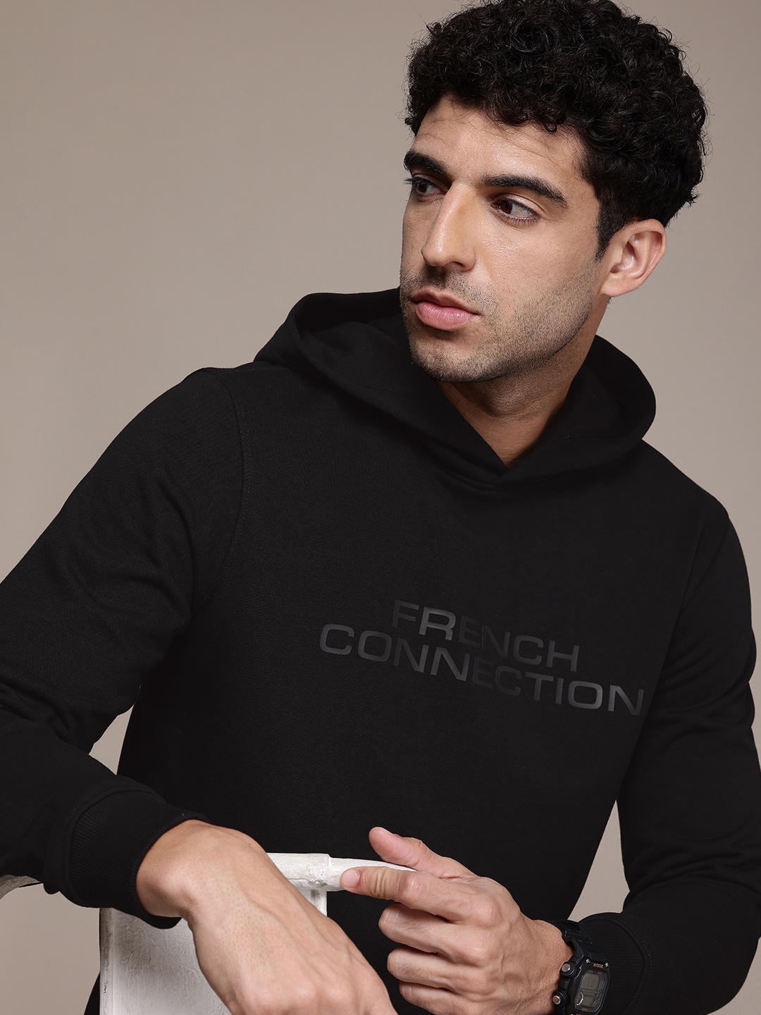

French Connection Typography Printed Hooded Sweatshirt, Black