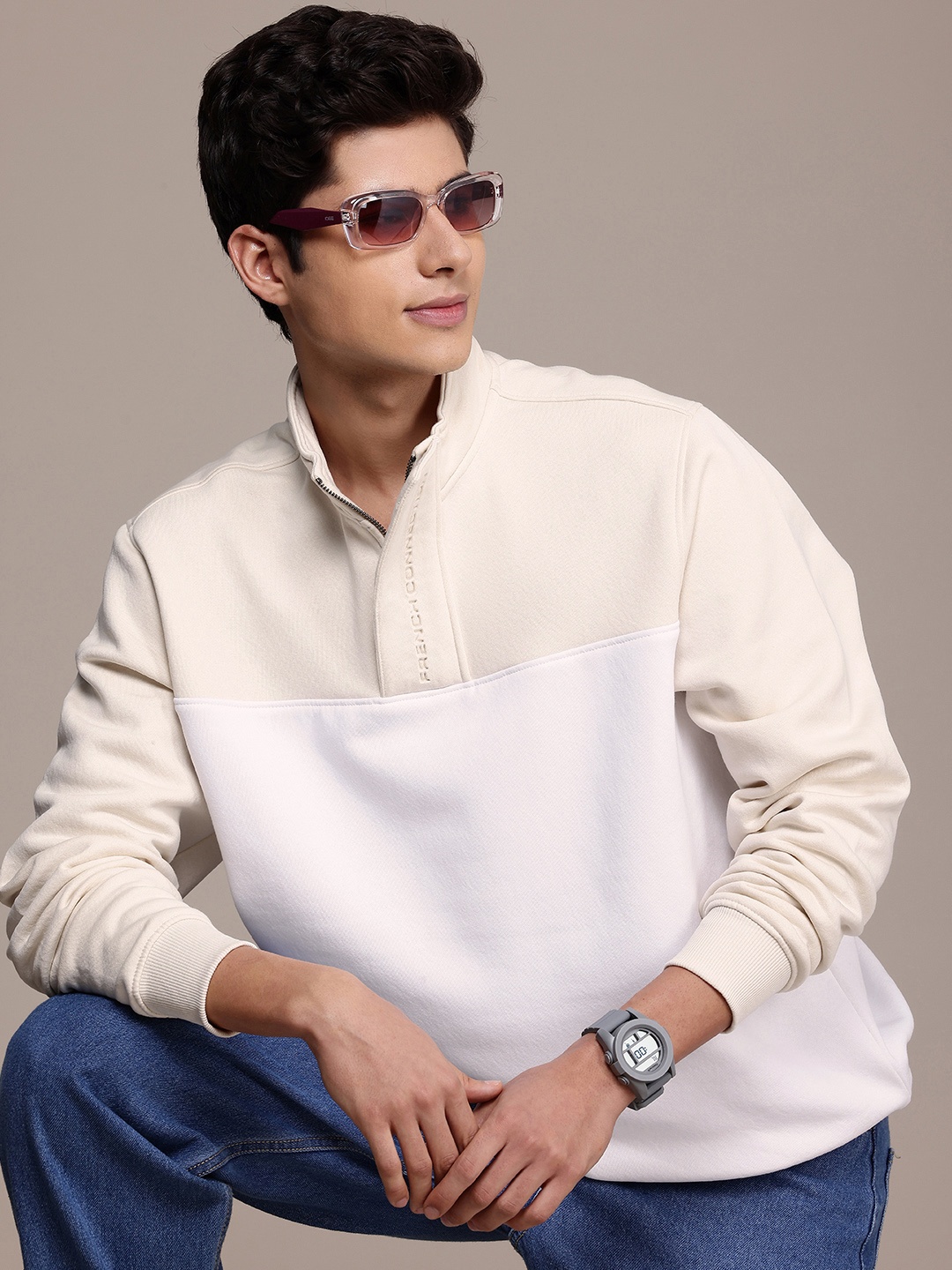

French Connection Mock Collar Colourblocked Sweatshirt, White