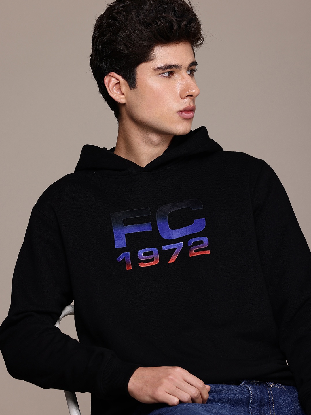 

French Connection Brand Logo Printed Hooded Sweatshirt, Black
