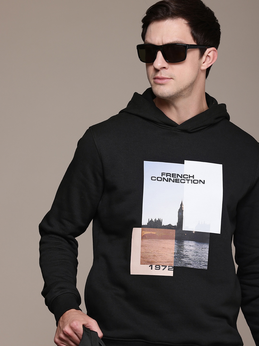 

French Connection Printed Hooded Sweatshirt, Black