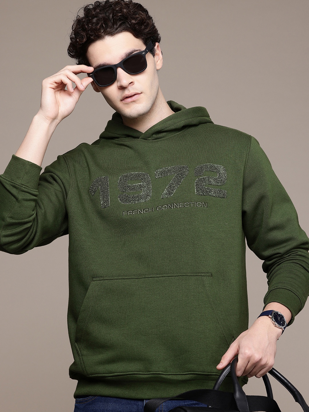 

French Connection Embroidered Typography Hooded Sweatshirt, Green