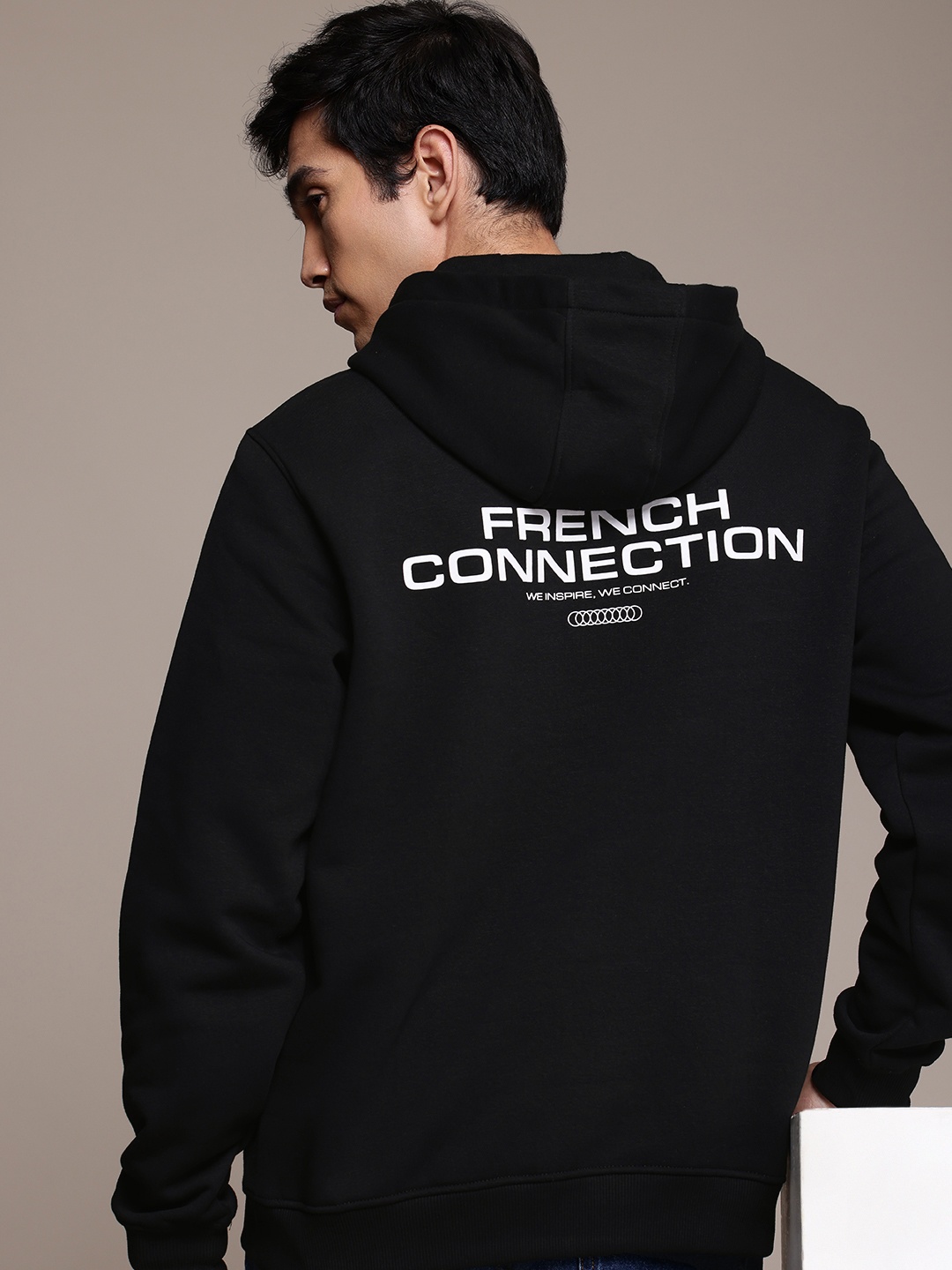 

French Connection Brand Logo Printed Hooded Sweatshirt, Black