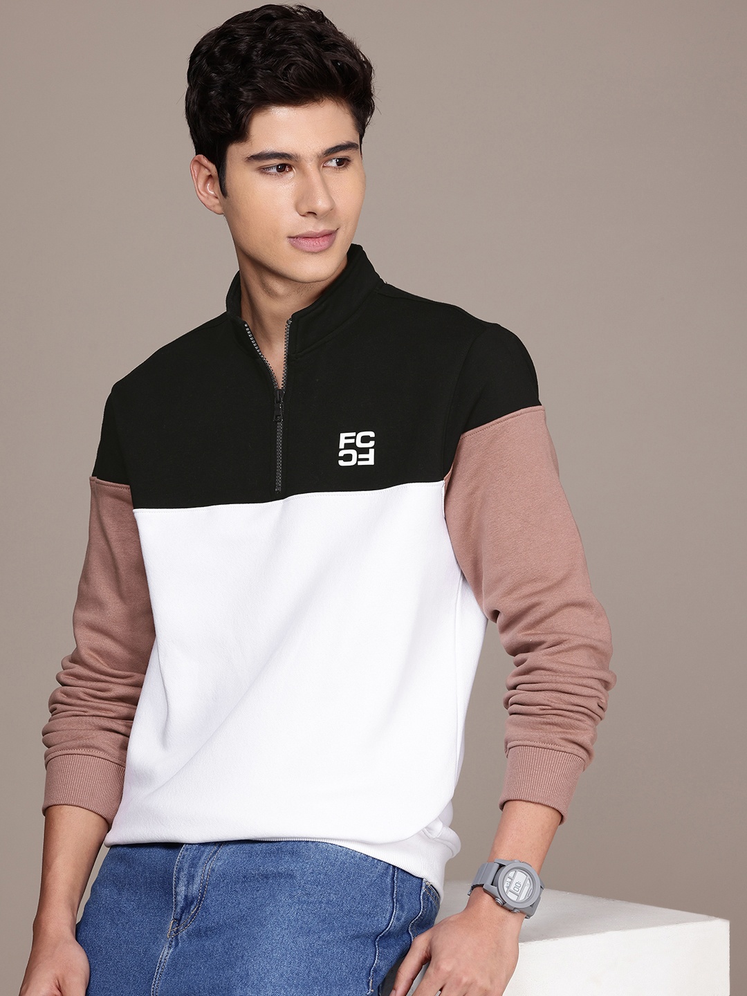 

French Connection Mock Collar Colourblocked Sweatshirt, White