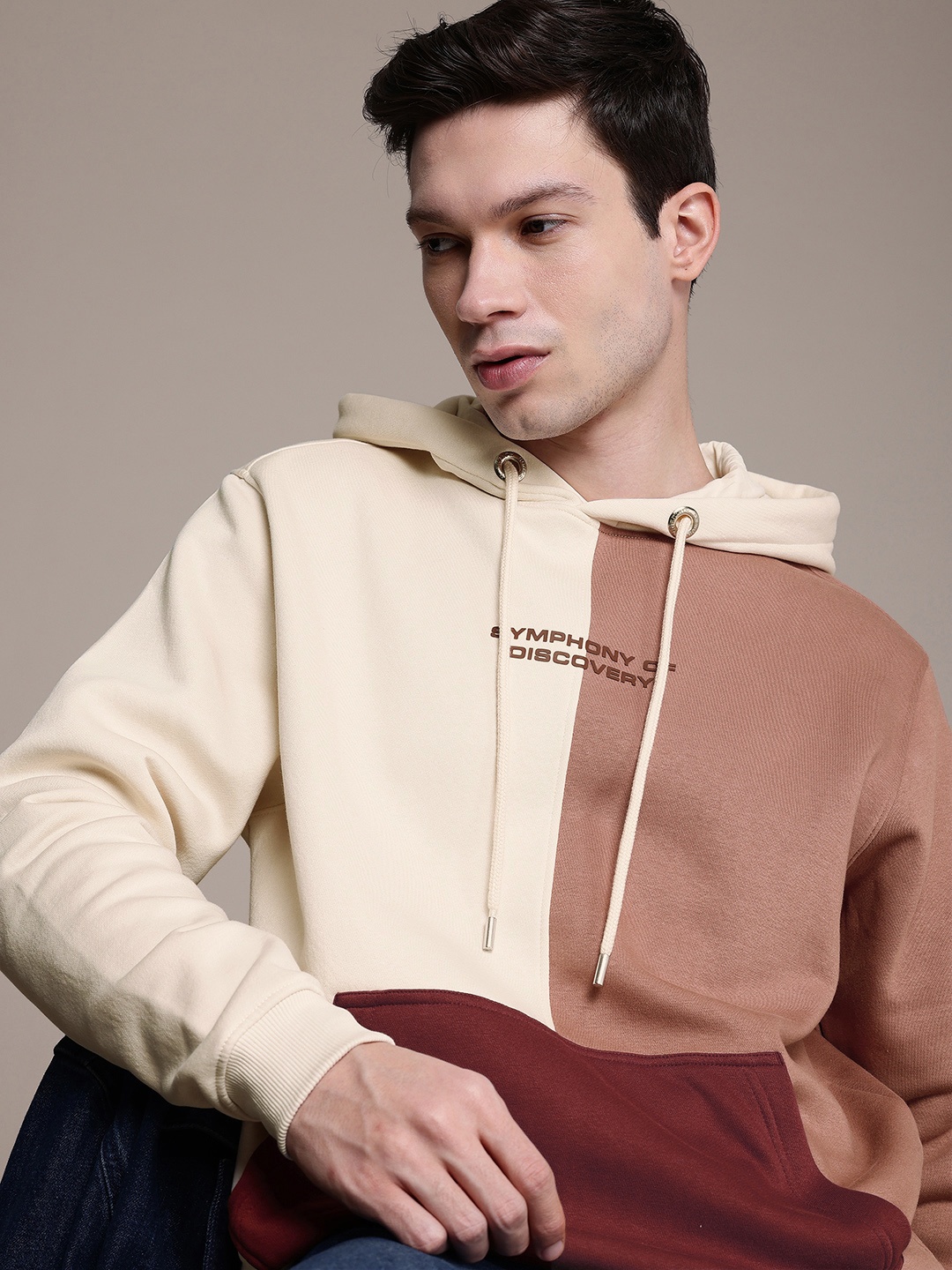 

French Connection Colourblocked Hooded Sweatshirt, Beige